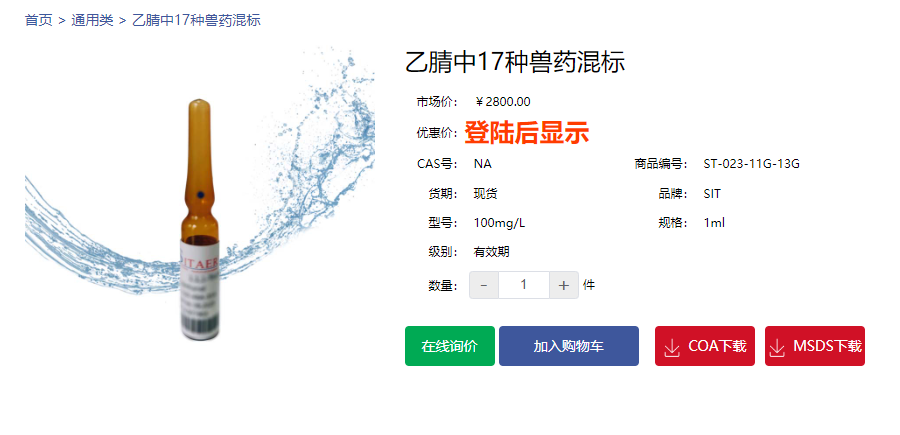 乙腈中17種獸藥混標(biāo)